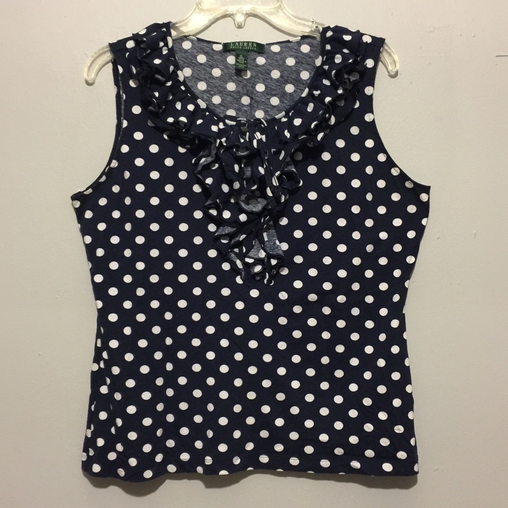 Ralph Lauren Blue/White sleeveless polka Dot Top